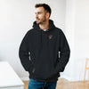 Man wearing black Rocker Biker Hoodie with double-lined hood and front pocket indoors