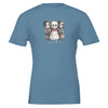 Blue eco-friendly children's horror t-shirt featuring three spooky cartoon characters with skull faces, soft and durable cotton material.