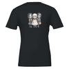 Black horror child t-shirt featuring three spooky cartoon figures with skull-like faces, made from soft eco-friendly cotton.