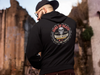 Schwarzer Rocker Biker Hoodie aus Baumwoll-Polyester-Mischung mit Totenkopf-Print und doppelter Kapuze für Herren