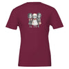 Maroon horror child t-shirt with three spooky skeleton kids graphic, soft eco-friendly cotton, unisex fit