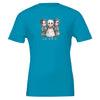 Blue horror child t-shirt with three spooky cartoon skeleton girls illustration, soft eco-friendly cotton blend