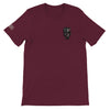 Weiches Unisex T-Shirt in Burgundrot mit USA-Flaggen-Schädelmotiv und bequemer Passform